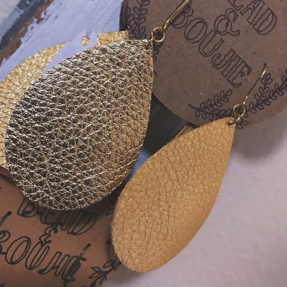 Genuine Metallic Gold Leather Teardrop Lightweight Dangle Statement Earrings - Picture 7 of 8